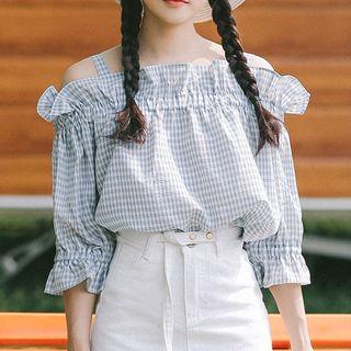 Plaid Off Shoulder Elbow Sleeve Blouse