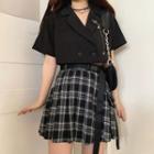 Cropped Short-sleeve Shirt / Plaid Mini A-line Skirt / Set