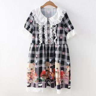 Plaid Short-sleeve A-line Dress Bear & Bow - Gingham - Black & White - One Size