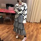 Zigzag Sweater / Plaid Midi Layered Skirt