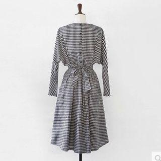 Button-back Long-sleeve Gingham Dress