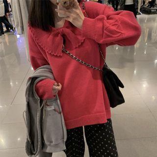 Long-sleeve Bow Knit Top / Dotted Straight Leg Pants