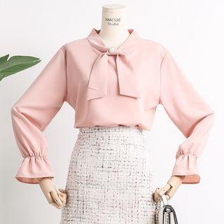 Ribbon-neckline Plain Blouse