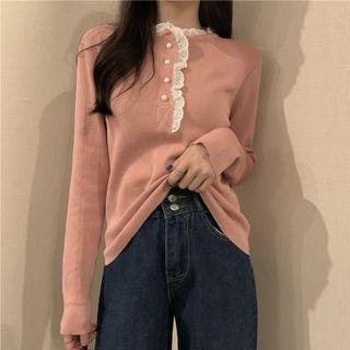 Long-sleeve Lace Trim Polo Knit Top