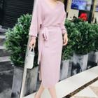 Slit-side Tie-waist Midi Sweater Dress Mauve Pink - One Size