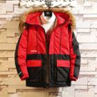 Furry-trim Hooded Two-tone Padded Jacket