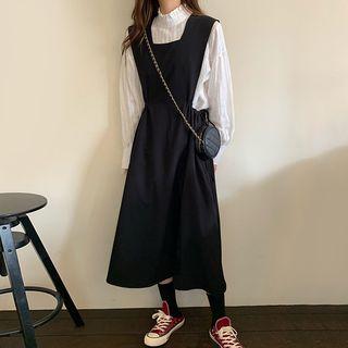Plain Lantern-sleeve Blouse / Midi Jumper Skirt