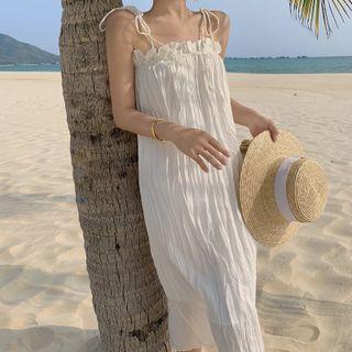 Spaghetti Strap Shirred Midi Shift Dress