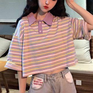 Striped Short-sleeve Cropped Polo Shirt Stripe - Purple - One Size