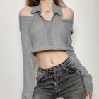 Long-sleeve Collared Cropped T-shirt Gray - One Size