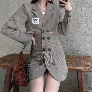 Double Breasted Houndstooth Cutout Mini Coat Dress
