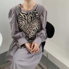 Long-sleeve Midi A-line Dress / Spaghetti Strap Zebra Print Top Dress - Gray - One Size