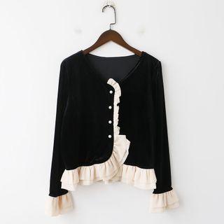 Frill Trim Velvet Button Jacket Black - One Size