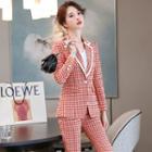 Plaid One-button Blazer / Dress Pants / Blouse / Set