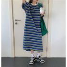 Elbow-sleeve Striped Midi T-shirt Dress Blue - One Size