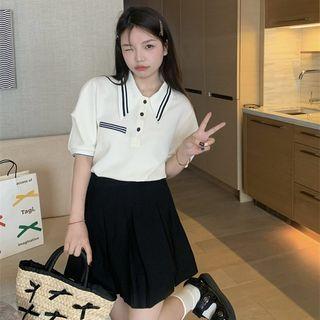 Polo-neck Striped Top + Pleated Mini Skirt