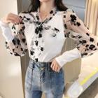 Lantern-sleeve Floral Printed Lace Panel Knit Top