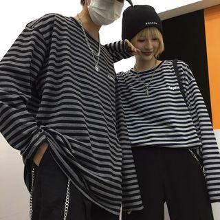 Long-sleeve Lettering Embroidered Stripe T-shirt