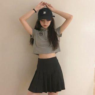 Short-sleeve Polo Shirt / Pleated Mini A-line Skirt / Set