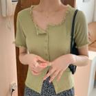 Short-sleeve Lace Trim Knit Top Green - One Size