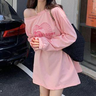 Asymmetrical Cold-shoulder Heart Print T-shirt