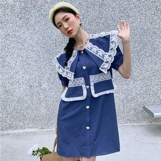 Elbow-sleeve Collar Lace Trim Mini Dress