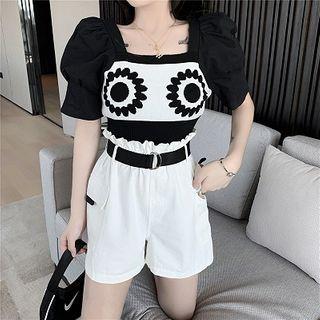 Panel Knit Puff-sleeve Top / Wide-leg Shorts