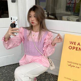 Puff-sleeve Ruffled Blouse / Cropped Knit Camisole Top