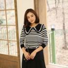 Wide-collar Stripe Knit Top Black - One Size