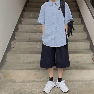 Elbow-sleeve Check Shirt / Wide Leg Shorts