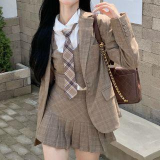 Plaid Blazer / Pleated Mini A-line Skirt / Plaid Neck-tie / Vest