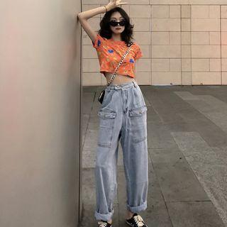 Printed Short-sleeve Crop Top / High-waist Wide-leg Jeans