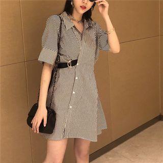 Short-sleeve Striped Asymmetrical Shirt Dress Stripes - Black & White - One Size
