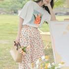 Elbow-sleeve Floral Print T-shirt / Midi Skirt