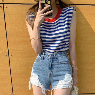 Padded-shoulder Stripe Knit Top