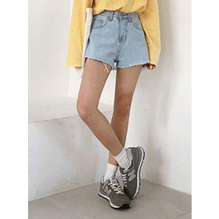 High-waist Cutout-hem Denim Shorts
