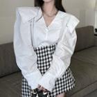 High-waist Plaid Asymmetric Skirt / Long-sleeve Lapel Plain Stitched Shirt