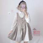 Long-sleeve Lace Blouse / Plaid Pinafore Dress