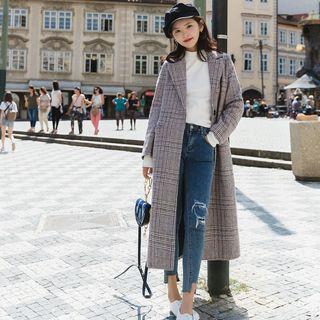 Notched-lapel Single-button Plaid Coat