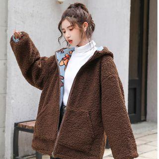 Two-tone Bear Print Faux Shearling Hooded Zip Jacket