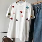 Round-neck Flower Short-sleeve Top White - One Size