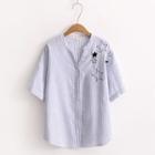 Short-sleeve Embroidery Pinstripe Shirt