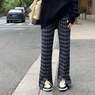Houndstooth Front-slit Wide-leg Pants