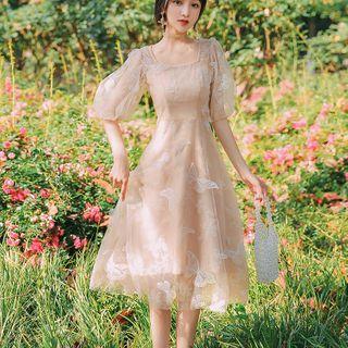 Balloon-sleeve Butterfly Embroidered Midi A-line Dress