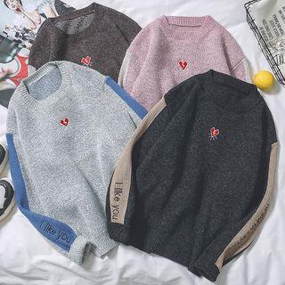 Color Panel Heart Embroidered Sweater
