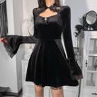 Bell-sleeve Lace Trim Mini A-line Qipao Dress