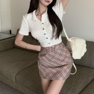 Short-sleeve Shirred Polo Shirt / Plaid A-line Skirt