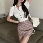Short-sleeve Shirred Polo Shirt / Plaid A-line Skirt