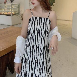 Plain Shirt / Spaghetti Strap Zebra Print Midi Shift Dress