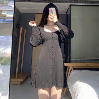 Lantern-sleeve Square-neck Plain Dress